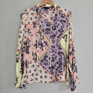 Sanctuary Floral Patchwork Rayon Blouse - Purple, Pink, Yellow; Medium